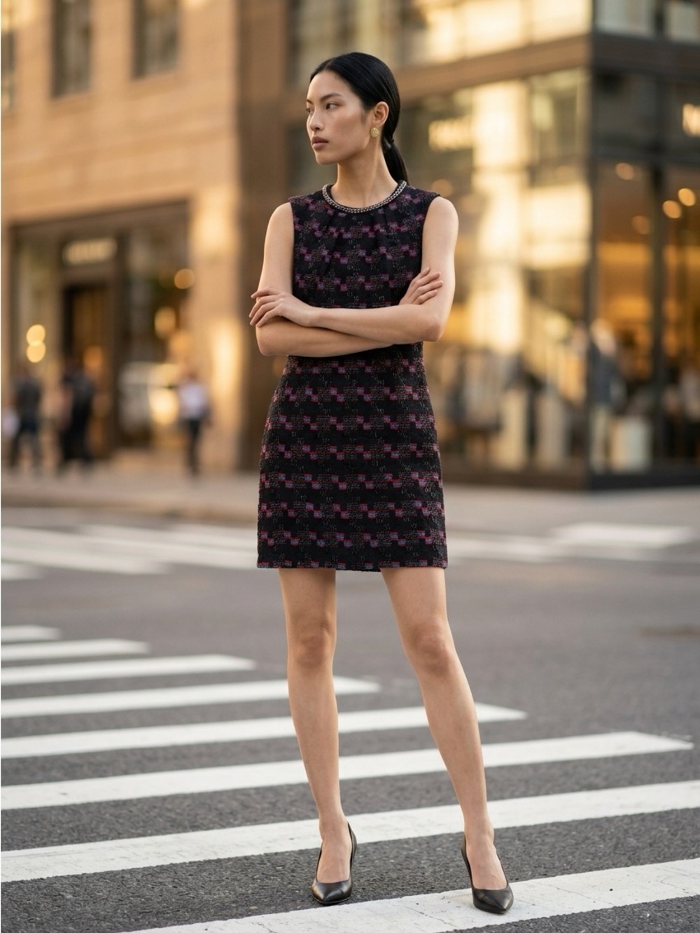 Karl Lagerfeld Black Mini Dress with Pink Tweed Pattern